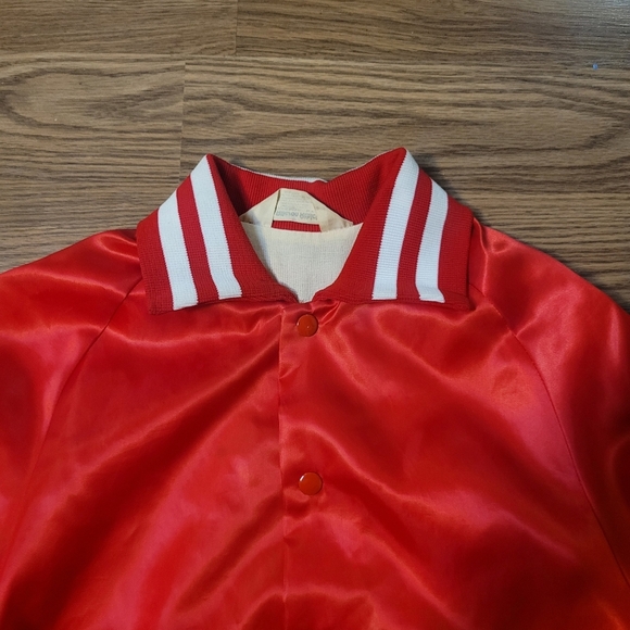 Bright Red Satin Varsity Jacket with Sporty Number Design - Picture 7 of 12